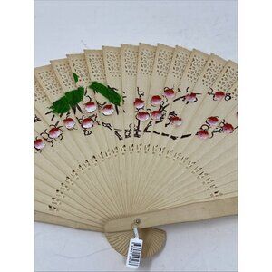 Vintage Japanese Wooden Hand Fan Hand Painted Cherry Blossom Pink Green NEW